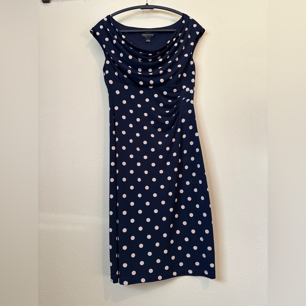 Connected Apparel Navy and Beige/Ream Polka Dot Midi Dress